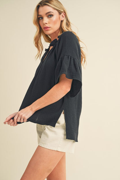 3/4 Sleeve Gauze Ruffle Top
