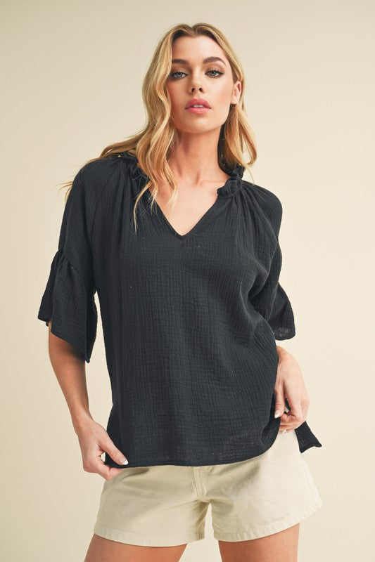 3/4 Sleeve Gauze Ruffle Top
