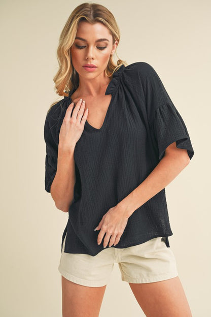 3/4 Sleeve Gauze Ruffle Top