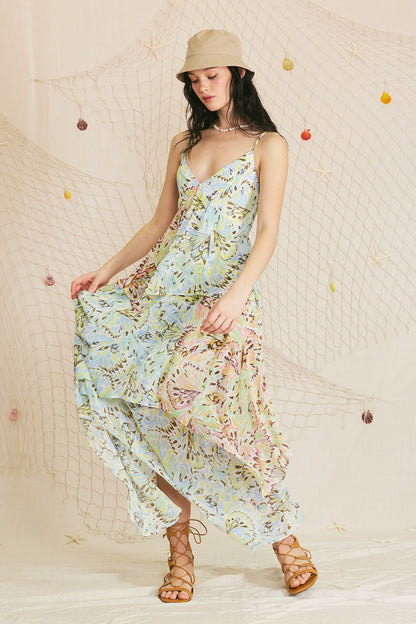 Printed Chiffon Asymmetrical Maxi Dress