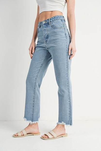 High Rise Straight Leg Distressed Raw Hem Jeans