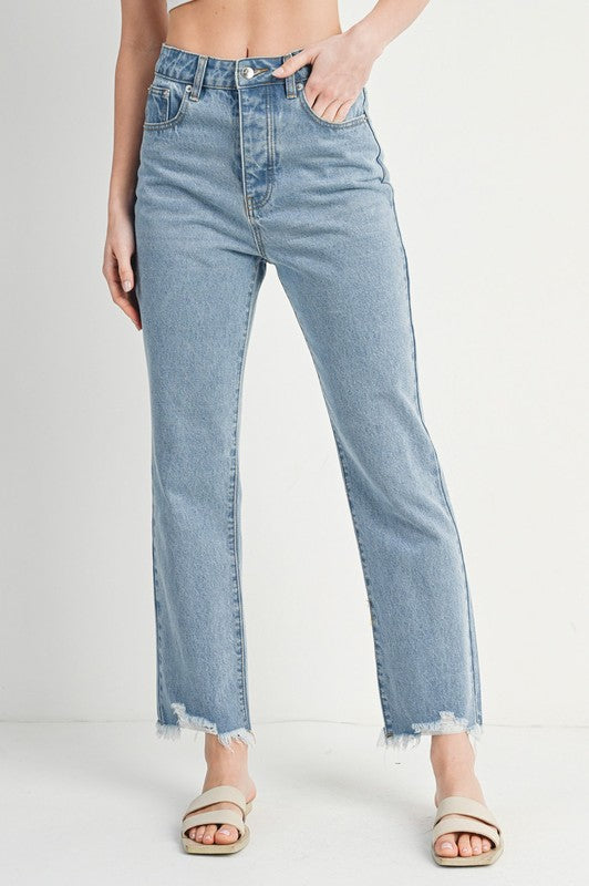 High Rise Straight Leg Distressed Raw Hem Jeans