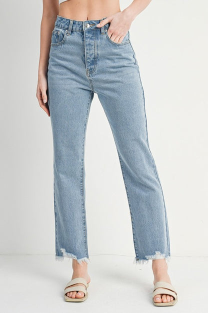High Rise Straight Leg Distressed Raw Hem Jeans