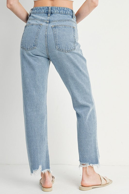 High Rise Straight Leg Distressed Raw Hem Jeans