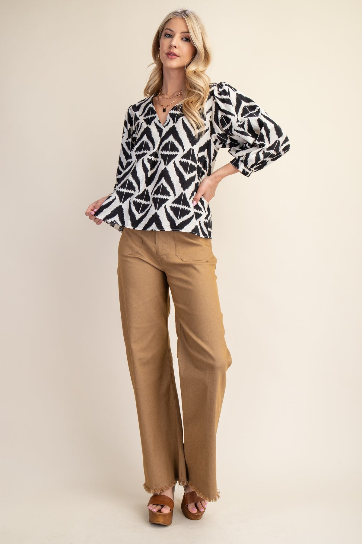 Bold Print V-neck Blouse