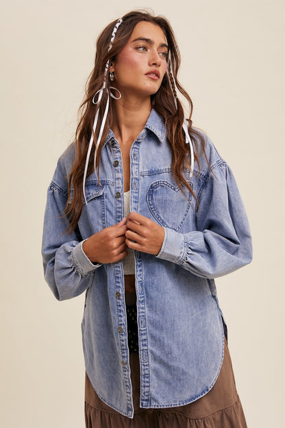 Heart Detail Oversized Denim Shirt