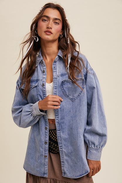 Heart Detail Oversized Denim Shirt
