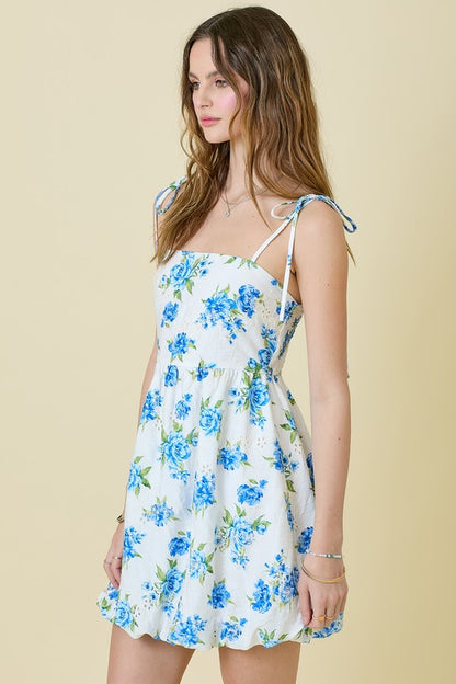 Floral Printed Eyelet Mini Bubble Dress