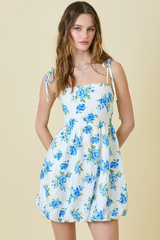 Floral Printed Eyelet Mini Bubble Dress