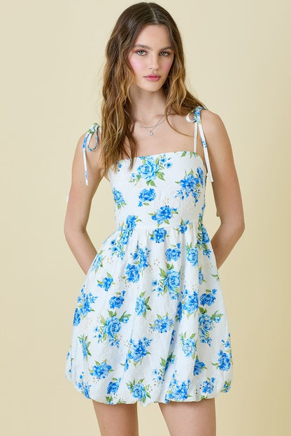 Floral Printed Eyelet Mini Bubble Dress