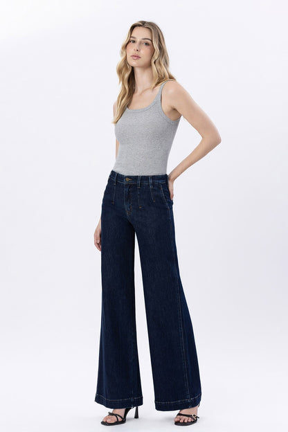 High Rise Dart Detail Wide Leg Jeans