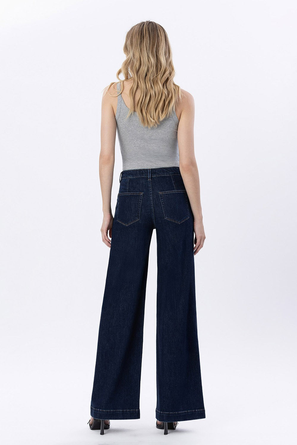High Rise Dart Detail Wide Leg Jeans