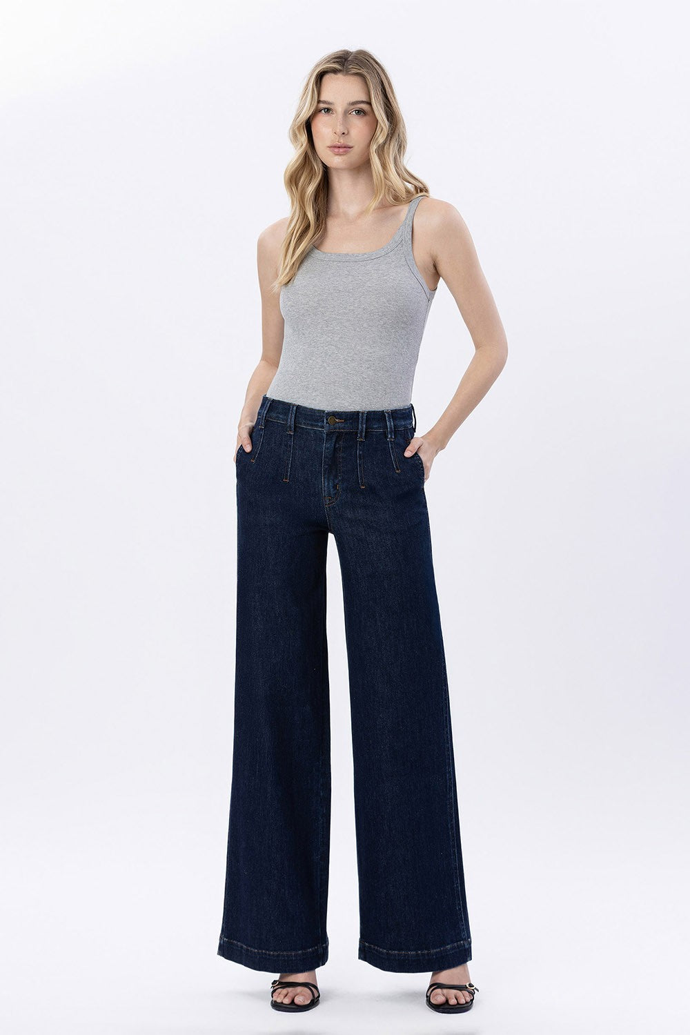 High Rise Dart Detail Wide Leg Jeans
