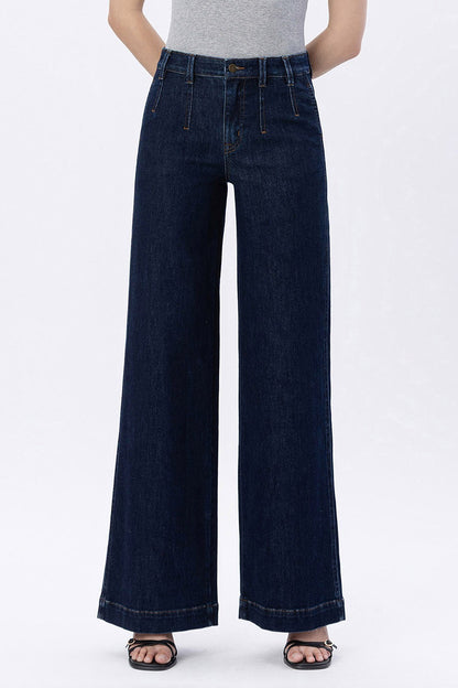 High Rise Dart Detail Wide Leg Jeans