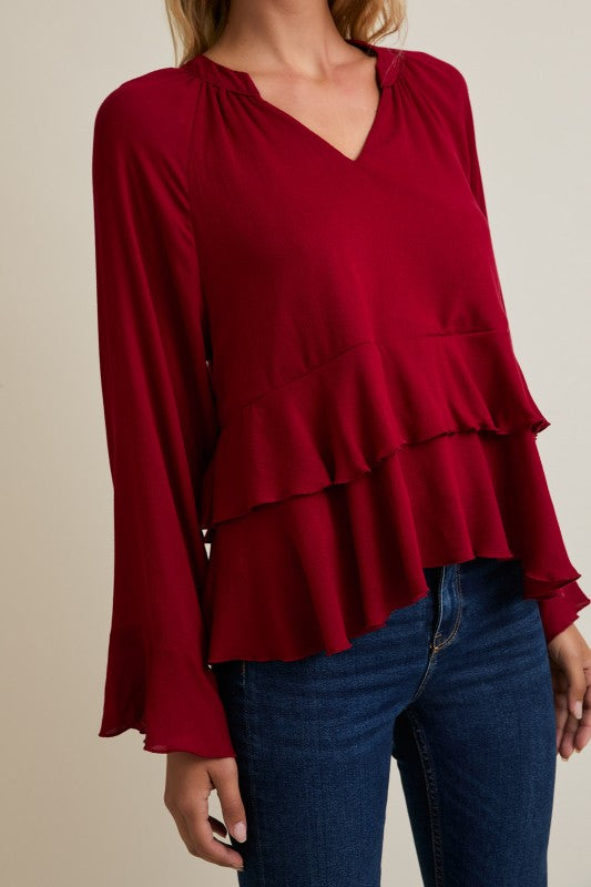 Notch Neck Long Sleeve Ruffle Hem Top