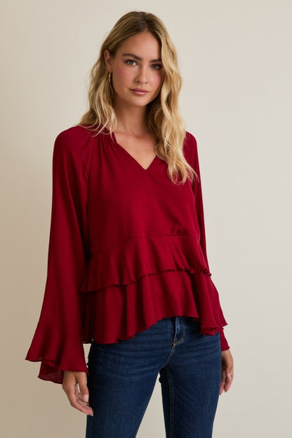 Notch Neck Long Sleeve Ruffle Hem Top