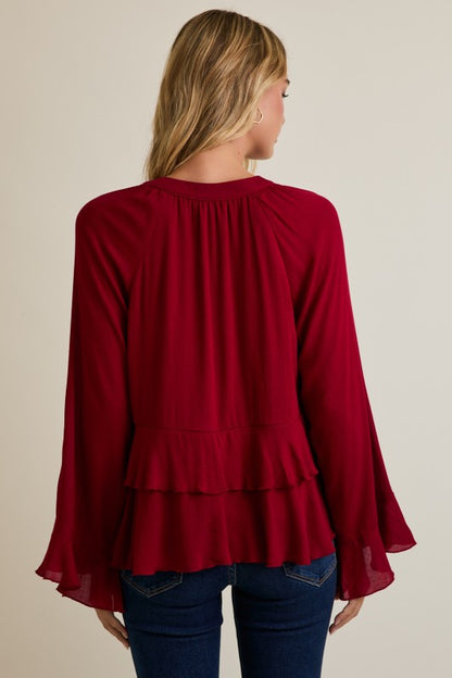 Notch Neck Long Sleeve Ruffle Hem Top