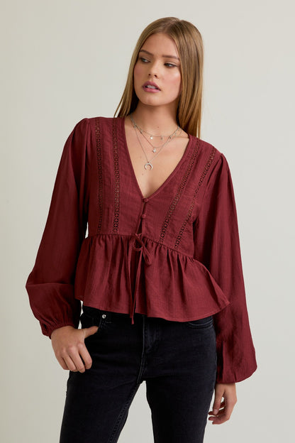 Long Sleeve Boho Top With Front Tie