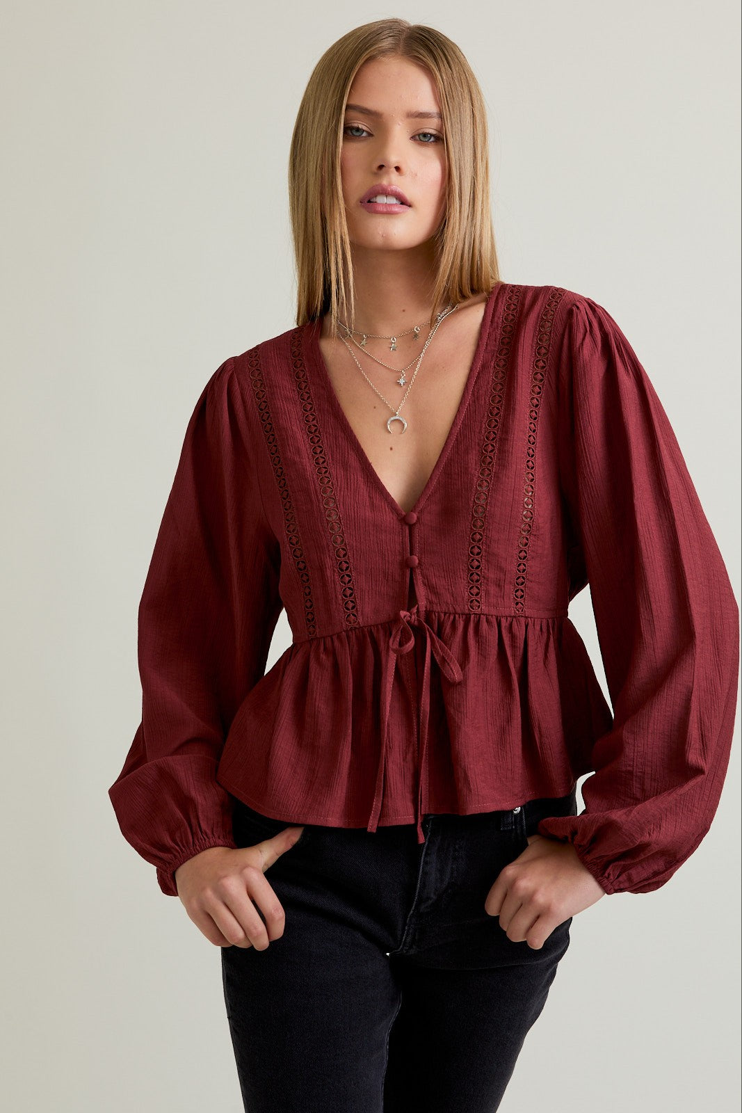 Long Sleeve Boho Top With Front Tie