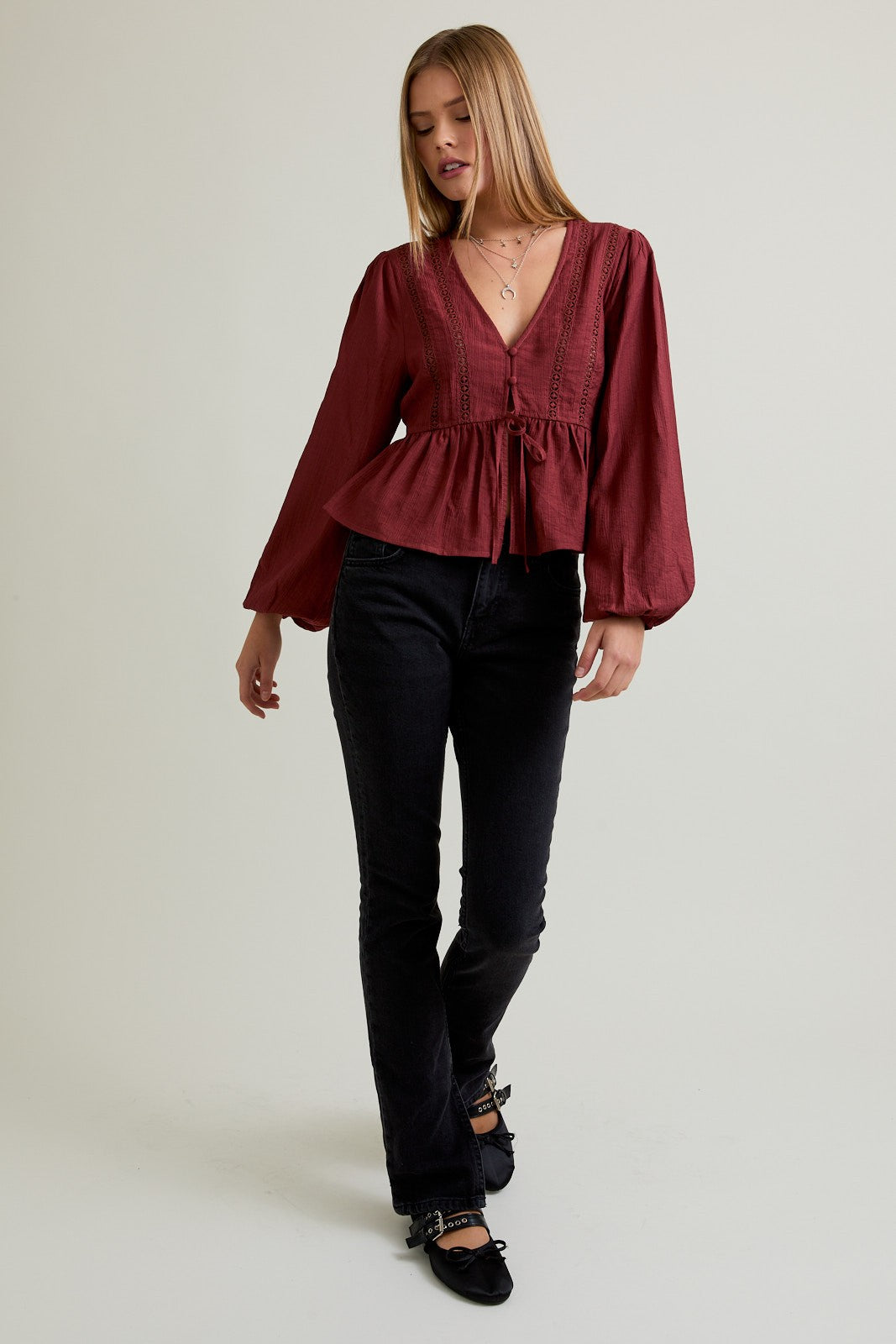 Long Sleeve Boho Top With Front Tie