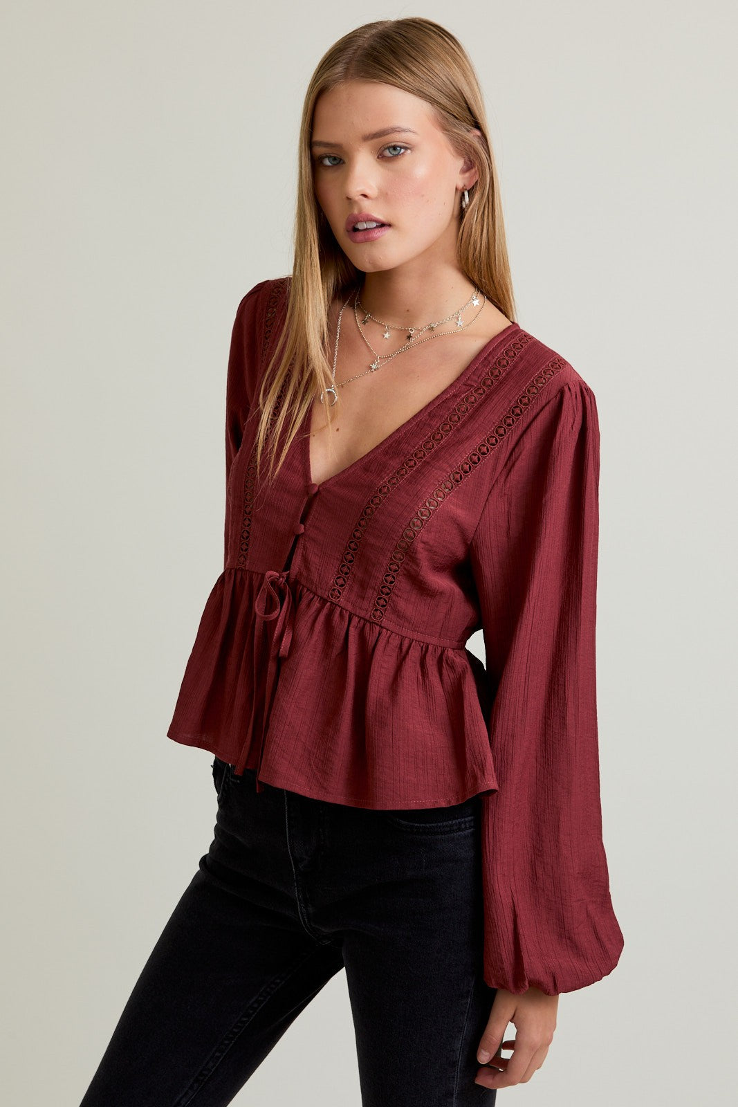 Long Sleeve Boho Top With Front Tie