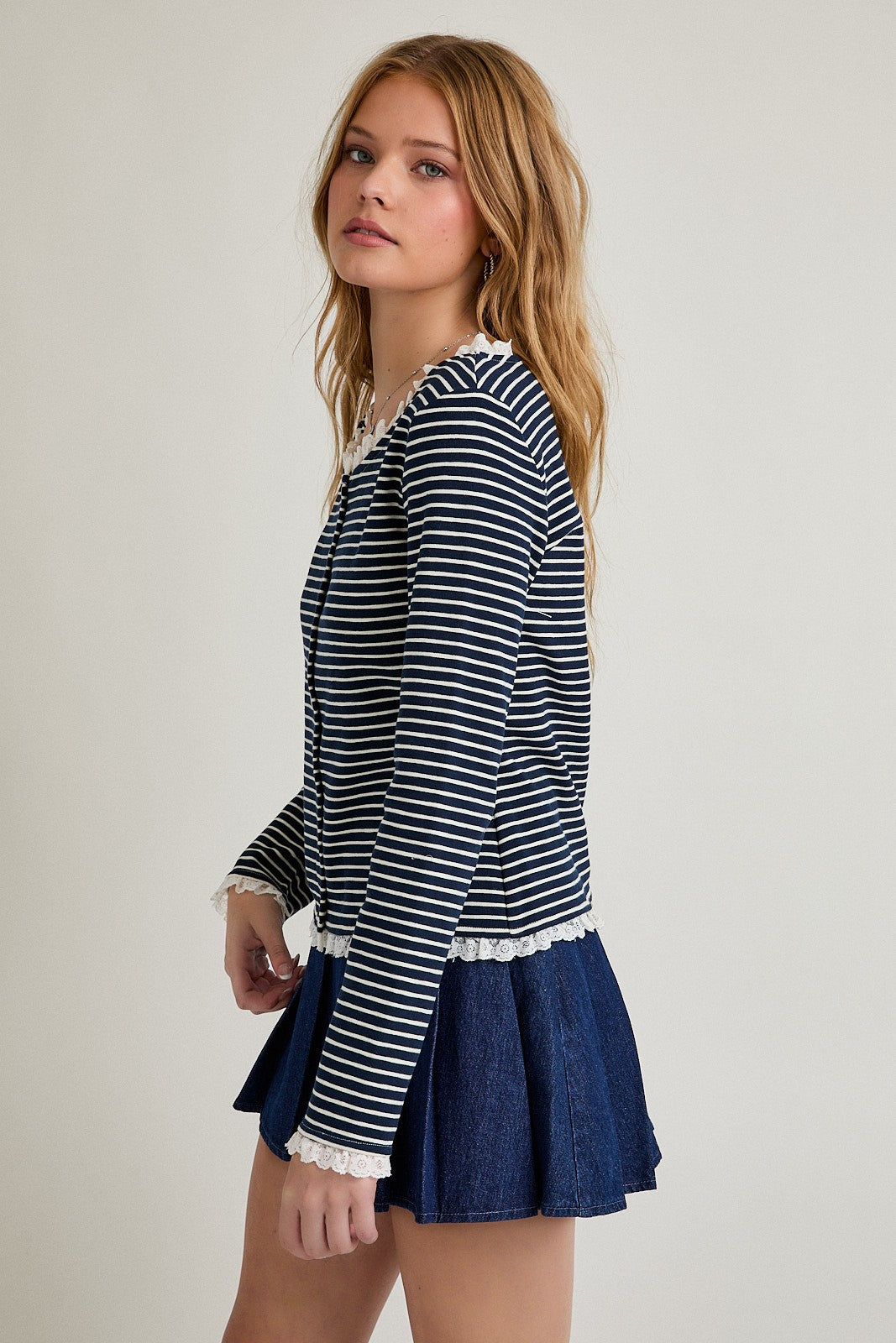 Long Sleeve Stripe Cardigan With Trim Detail