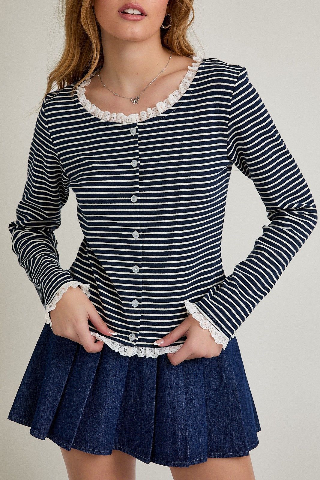 Long Sleeve Stripe Cardigan With Trim Detail