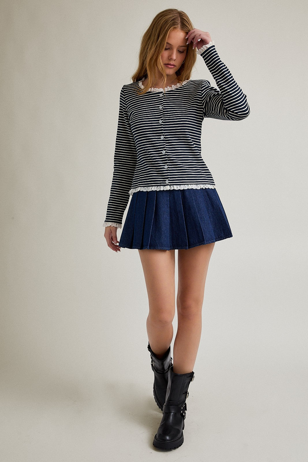 Long Sleeve Stripe Cardigan With Trim Detail