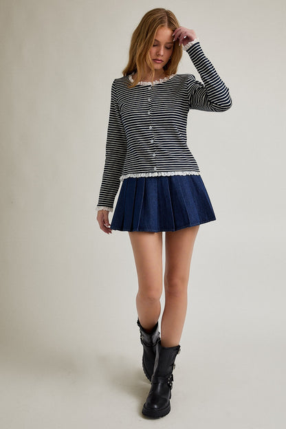 Long Sleeve Stripe Cardigan With Trim Detail