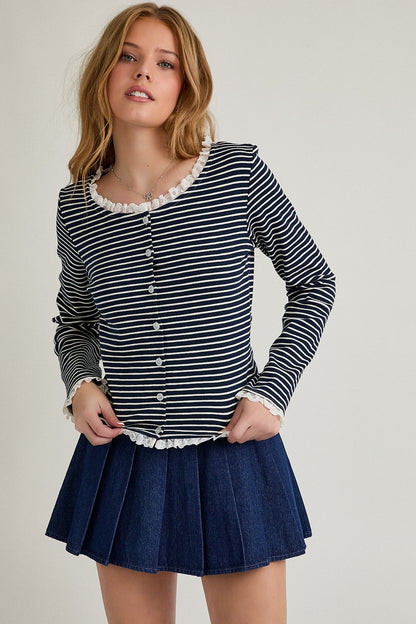 Long Sleeve Stripe Cardigan With Trim Detail