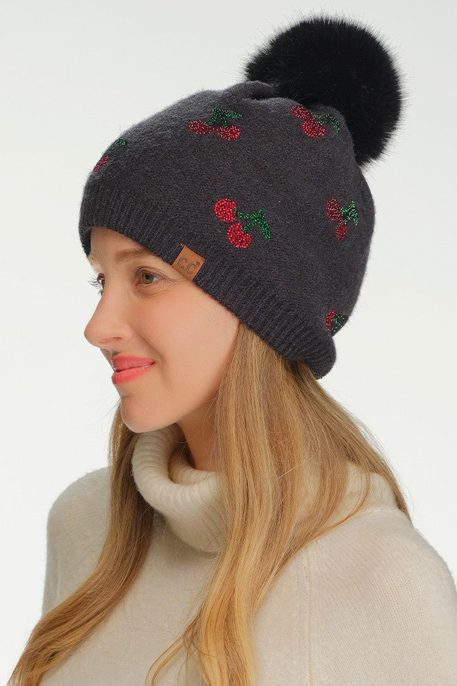 Rhinestone Cherry Pattern Pom Beanie Hat