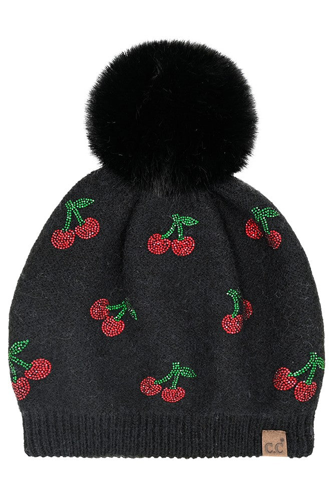 Rhinestone Cherry Pattern Pom Beanie Hat