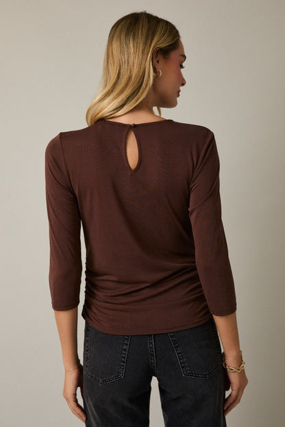 Twist Neck 3/4 Sleeve Side Shirring Detail Top