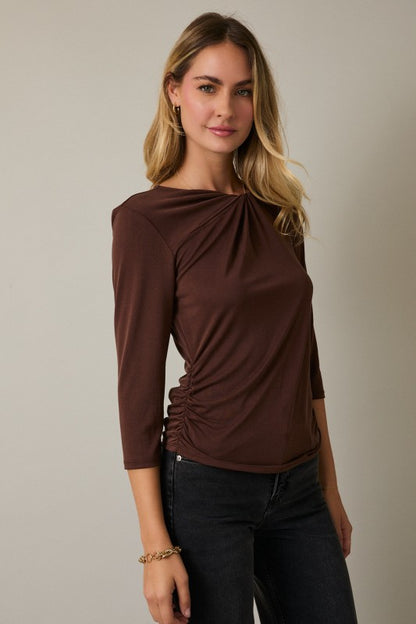 Twist Neck 3/4 Sleeve Side Shirring Detail Top