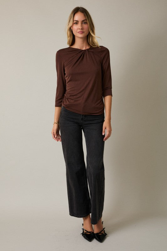 Twist Neck 3/4 Sleeve Side Shirring Detail Top