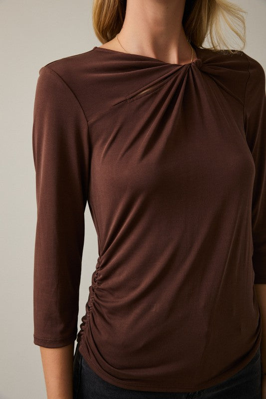 Twist Neck 3/4 Sleeve Side Shirring Detail Top