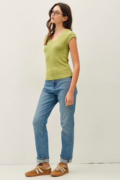 Ribbed Scoop Neck Cap Sleeve Modal Top