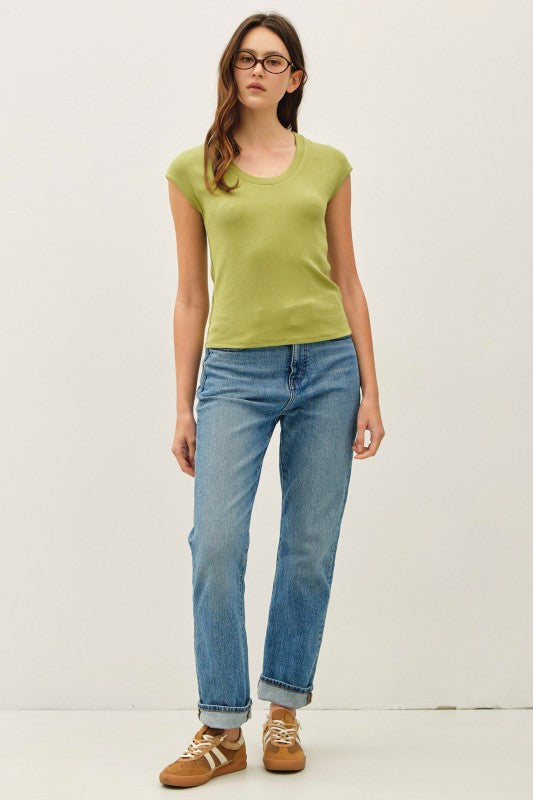 Ribbed Scoop Neck Cap Sleeve Modal Top
