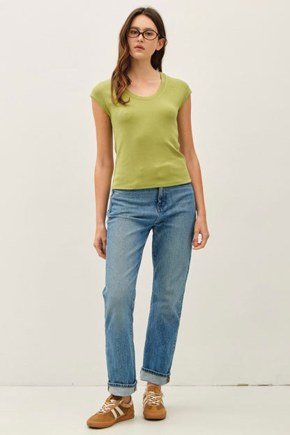 Ribbed Scoop Neck Cap Sleeve Modal Top