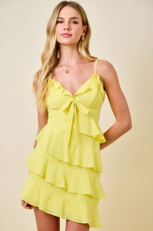 Swiss Dot Asymmetrical Tiered Ruffle Cami Mini Dress