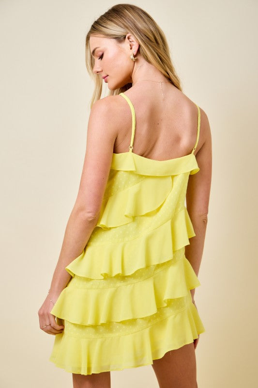 Swiss Dot Asymmetrical Tiered Ruffle Cami Mini Dress