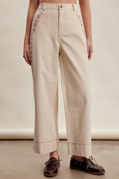 Floral Embroidered Cropped Wide-leg Pants