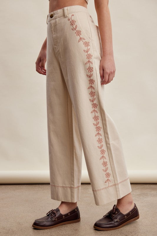 Floral Embroidered Cropped Wide-leg Pants