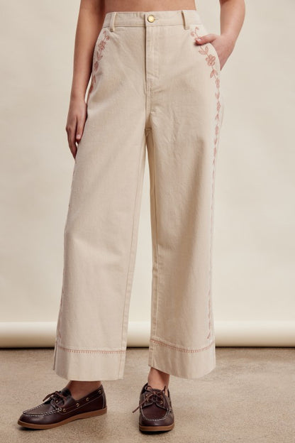 Floral Embroidered Cropped Wide-leg Pants