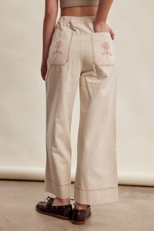 Floral Embroidered Cropped Wide-leg Pants