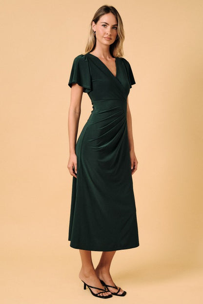 Surplice V-Neck Flutter Sleeve Midi Dress
