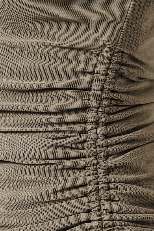 Boat Neck Sheer Ruched Mesh Top