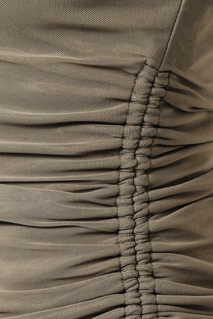 Boat Neck Sheer Ruched Mesh Top