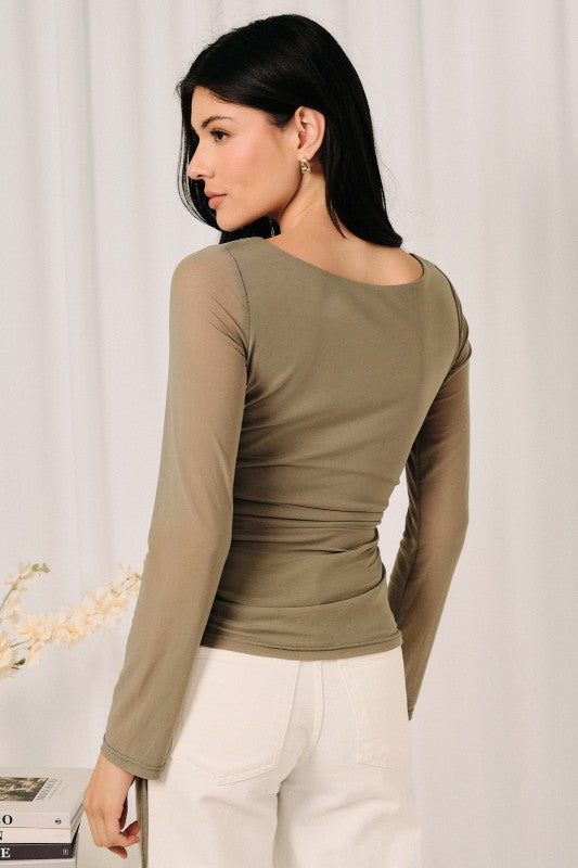 Boat Neck Sheer Ruched Mesh Top