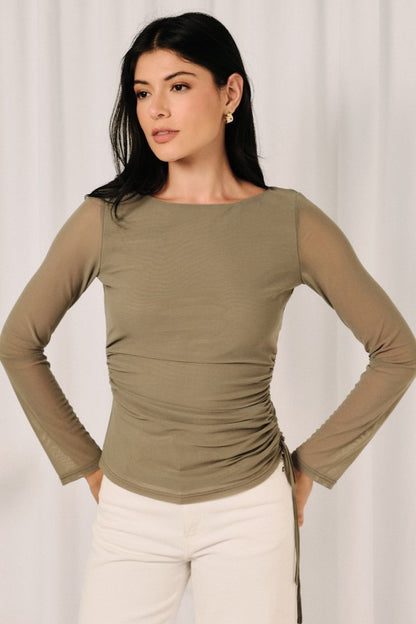 Boat Neck Sheer Ruched Mesh Top